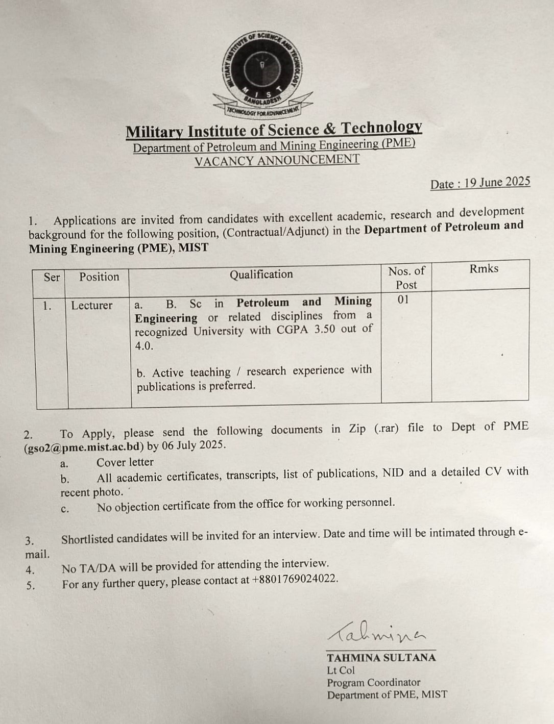 Faculty Recruitment of PME Department
